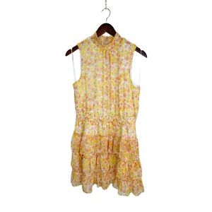 1.STATE Sleeveless Tiered Ruffle Smocked Waist Yellow Floral Mini Dress Sz L NWT